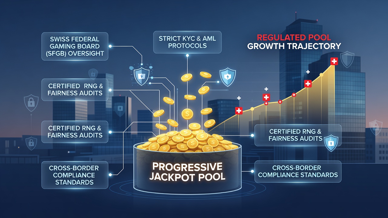 Progressive jackpot pool tracking interface used by Swiss licensed operators